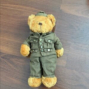 Vintage Charming Brown Teddy Bear in Green Military Outfit